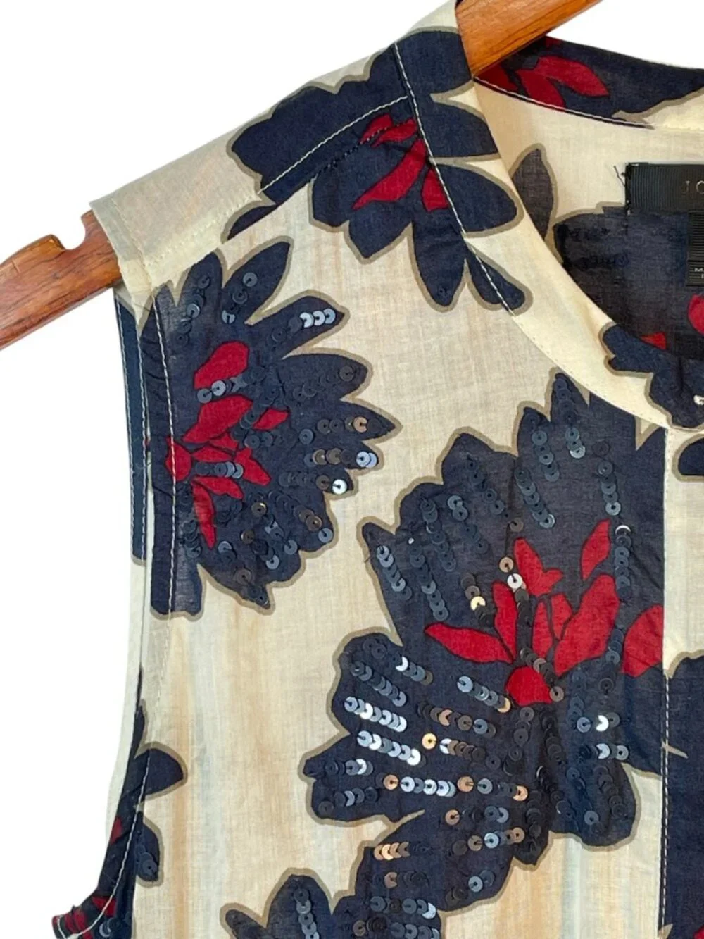 J.Crew Sequined Floral Sleeveless Cotton Blouse Cream Navy Red Size 6